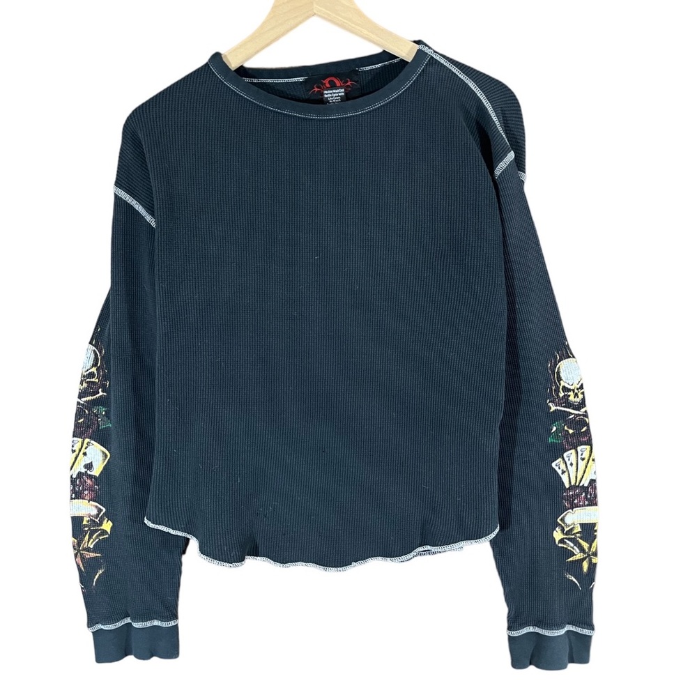 Vintage Y2K Womens Long Sleeve Skulls Cards Waffle Knit Shirt size Large Black